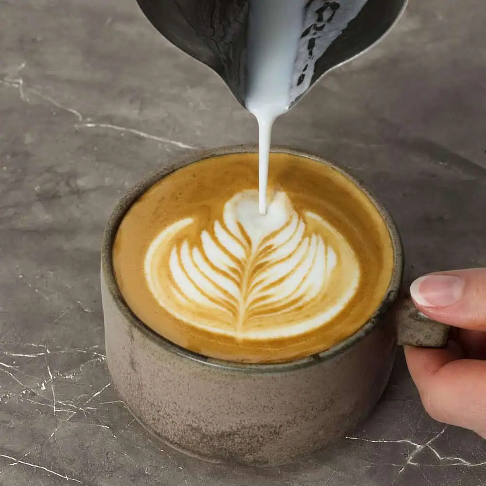 تهیه لاته آرت با فوم شیر غلیظ روی فنجان قهوه توسط اسپرسوساز آاگ مدل AEG EC6-1-6ST.