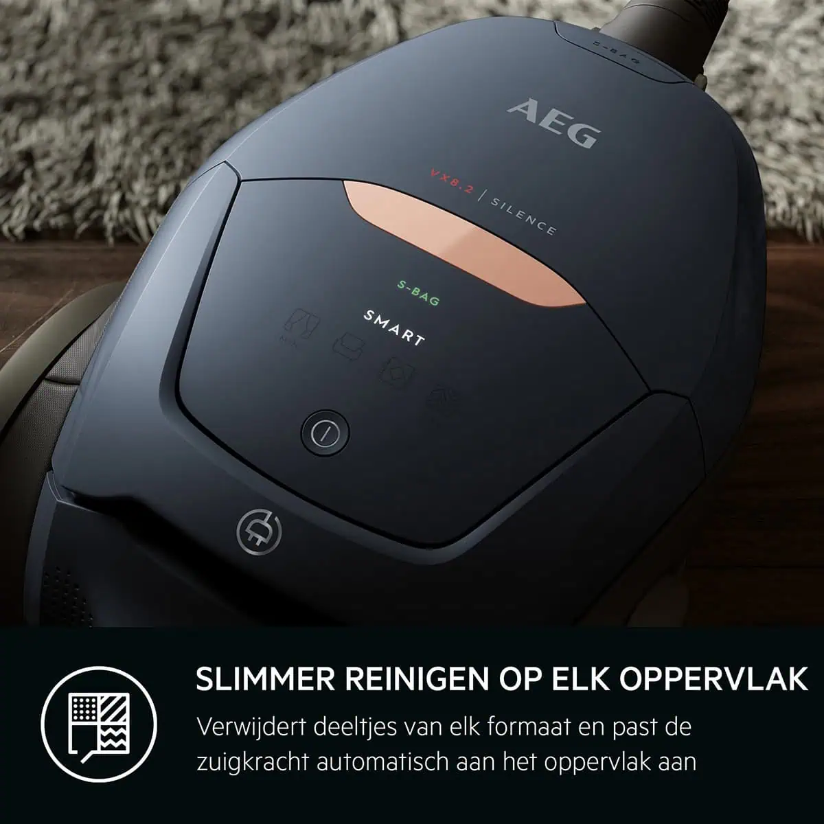 نمای نزدیک از بدنه جاروبرقی آاگ AEG VX82-1-5DB با سیستم SmartMode و فیلتر HEPA کامل