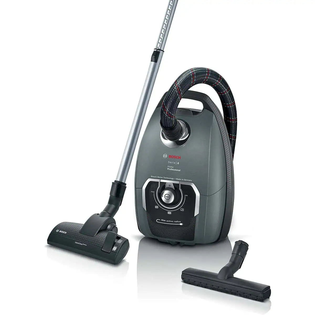 جاروبرقی بوش سری 8 مدل BGL8PRO5 با طراحی حرفه‌ای، شامل لوله و برس مخصوص، برای استفاده خانگی و حرفه‌ای