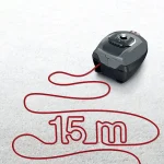 جاروبرقی بوش با کابل 15 متری که به صورت جذاب به شکل عدد 15 متر کشیده شده است، نشان‌دهنده شعاع عملکرد بالای دستگاه.