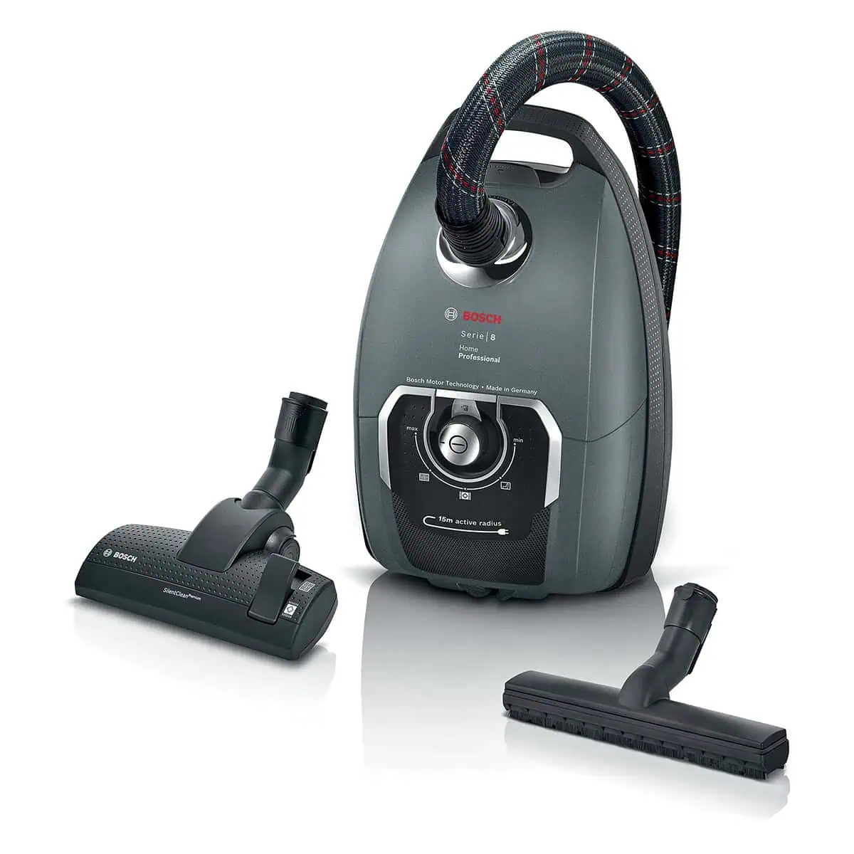 جاروبرقی بوش سری 8 مدل BGL8PRO5 با لوله و برس مخصوص و قابلیت عملکرد حرفه‌ای، مناسب برای نظافت دقیق.