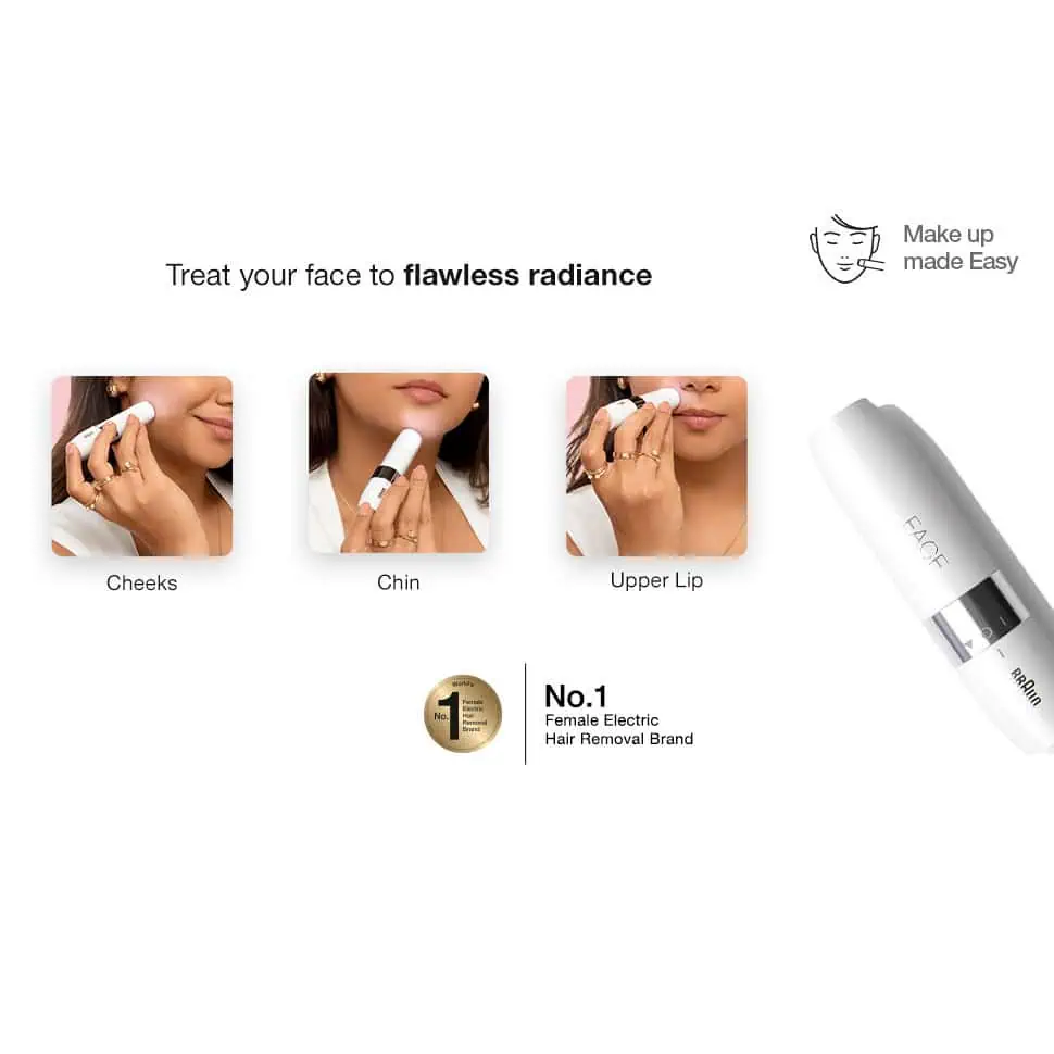 کلاژ تصویری با عنوان "Treat your face to flawless radiance" (درمان صورت برای درخشش بیعیب) نشاندهنده استفاده روی گونهها، چانه و لب بالایی، همراه با نشان "No. 1 Female Electric Hair Removal Brand".