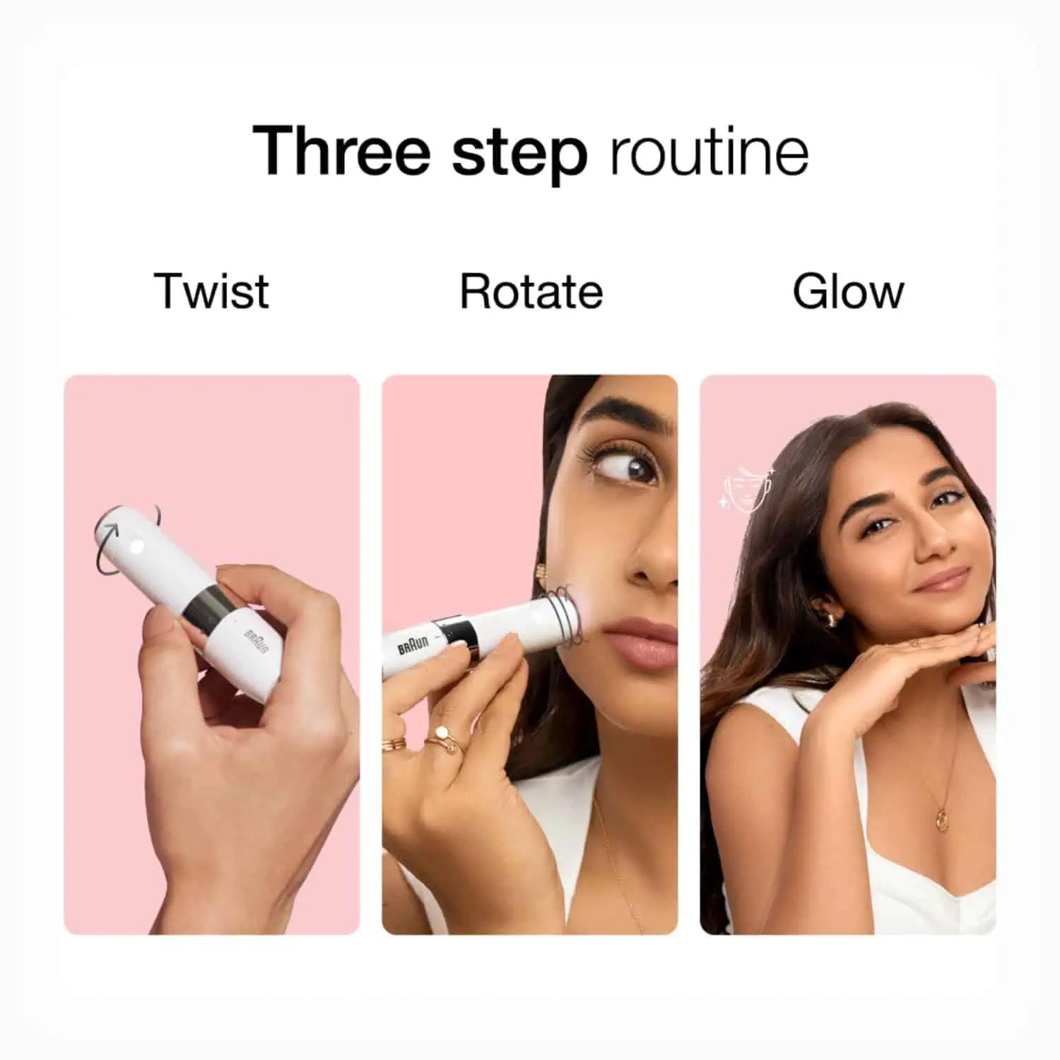 راهنمای "Three step routine" (روتین سه مرحلهای): Twist (پیچاندن برای روشن کردن)، Rotate (چرخاندن روی صورت)، Glow (درخشش و پوست صاف).