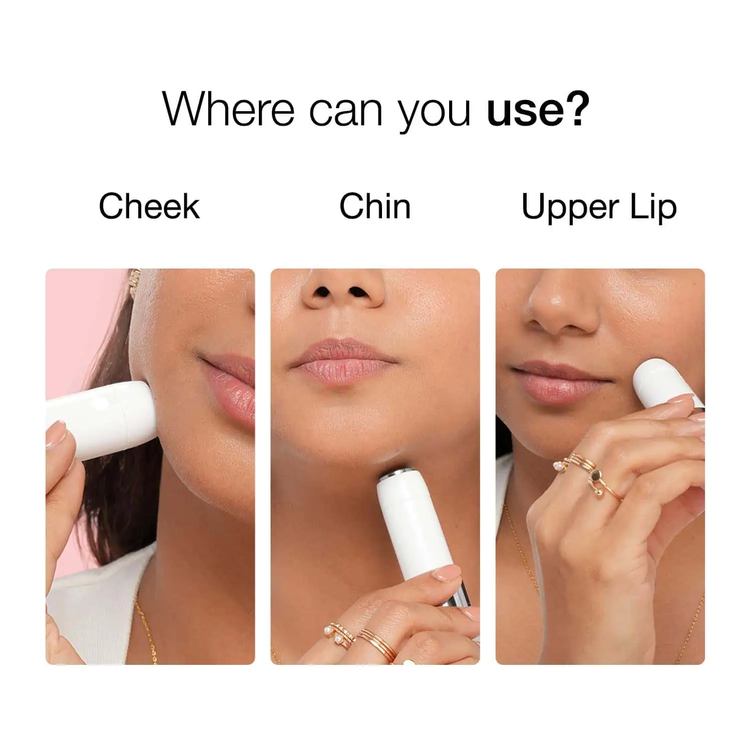 کلاژ تصویری با عنوان "Where can you use?" نشاندهنده استفاده از شیور براون FS1000 روی گونه (Cheek)، چانه (Chin) و لب بالایی (Upper Lip).
