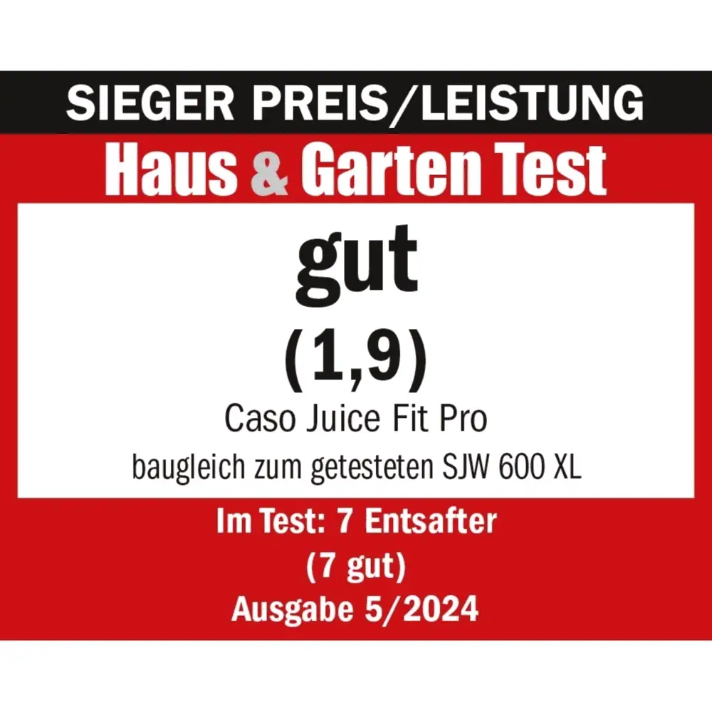 برچسب تست آلمانی Haus & Garten Test برای عصارهگیر کاسو Caso Juice Fit Pro با امتیاز عالی 1.9 در سال 2024