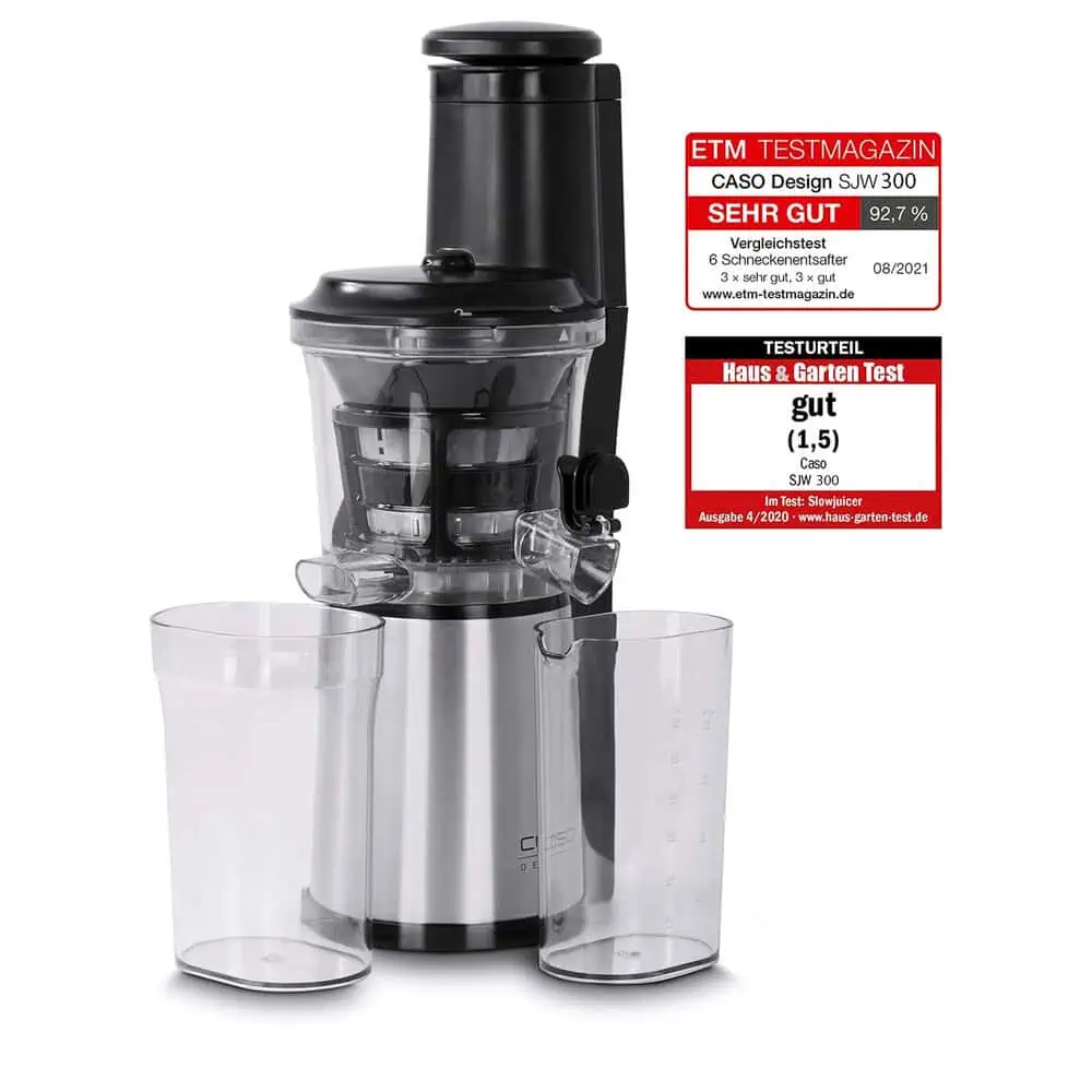 عصارهگیر کندسرعت CASO SJW 300 همراه با دو لیوان و نشان تست ETM و Haus & Garten