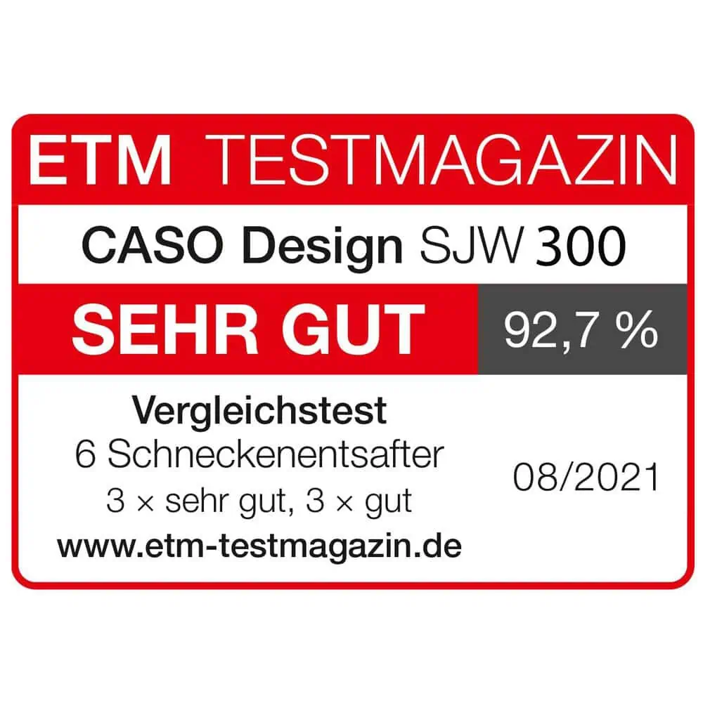 برچسب تست ETM آلمان برای عصاره گیر CASO SJW 300 با امتیاز Sehr Gut و درصد 92.7