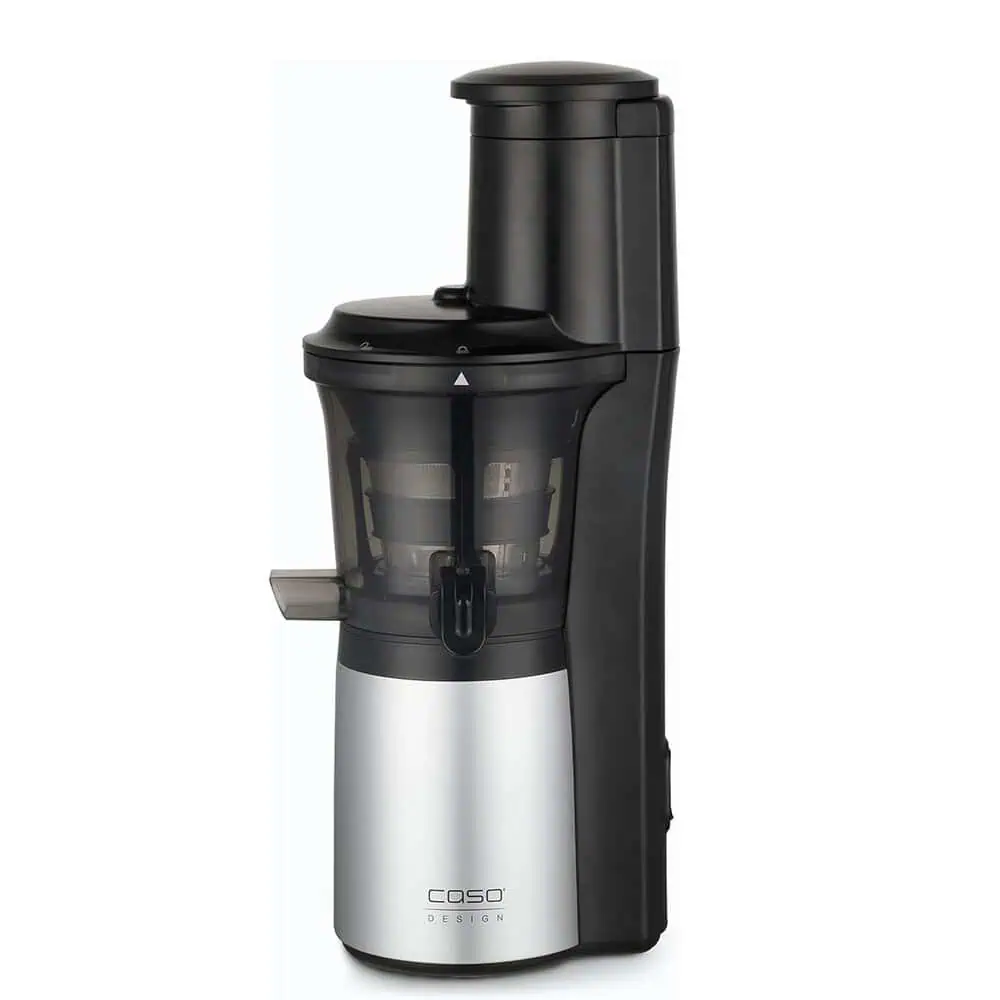 نمای کناری عصارهگیر کندسرعت CASO SJW 300 با طراحی استیل و مخزن تفاله