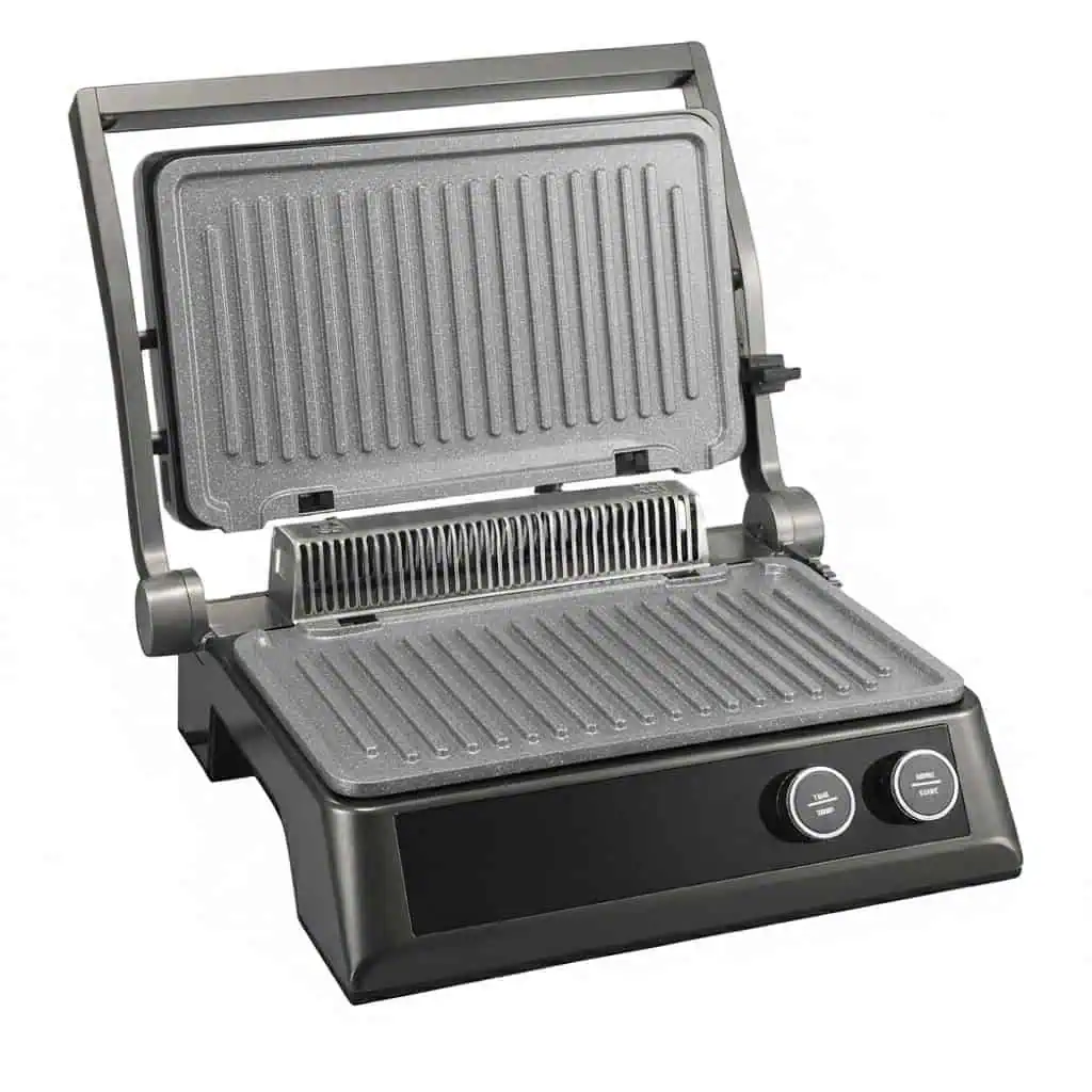 گریل برقی داسلر مدل Hephastus با صفحات نچسب گرانیتی خاکستری و توری استیل جداکننده، مناسب برای پخت استیک، مرغ و ساندویچ.