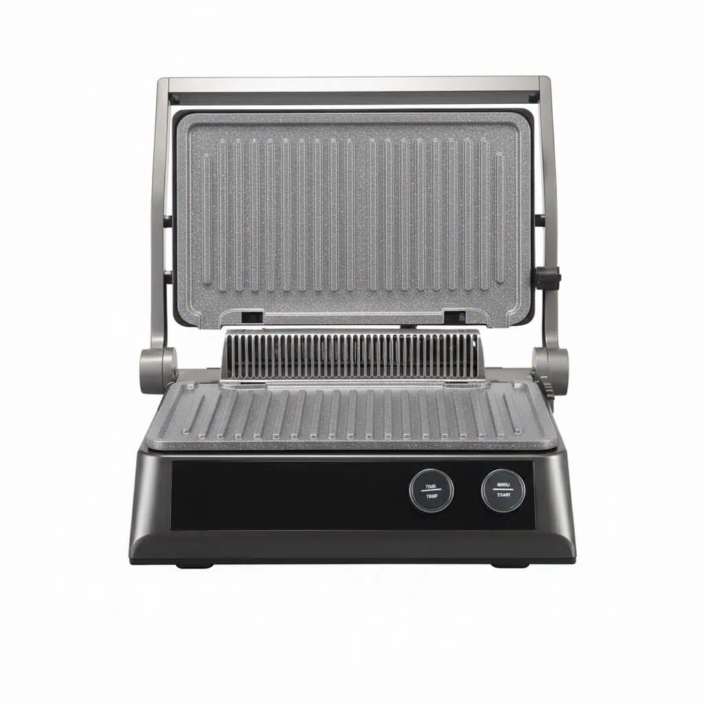 گریل داسلر Hephastus با صفحات باز خاکستری روشن و بدنه مشکی مات، مجهز به دو ولوم تنظیم دما و زمان – نمای روبه‌رو با درب باز.