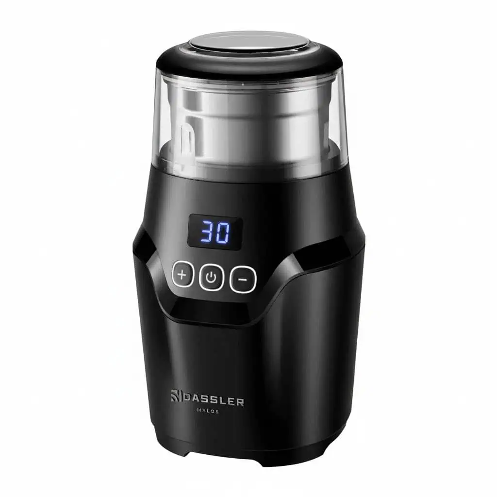 نمای نزدیک آسیاب قهوه داسلر مدل MYLOS با دکمه های کنترل و نمایشگر دیجیتال