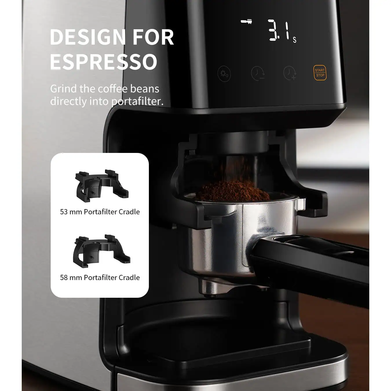 آسیاب قهوه داسلر MYLOS Pro با طراحی اسپرسو و خرد کردن مستقیم داخل پرتافیلتر - شامل نگهدارنده‌های ۵۳ و ۵۸ میلی‌متری.