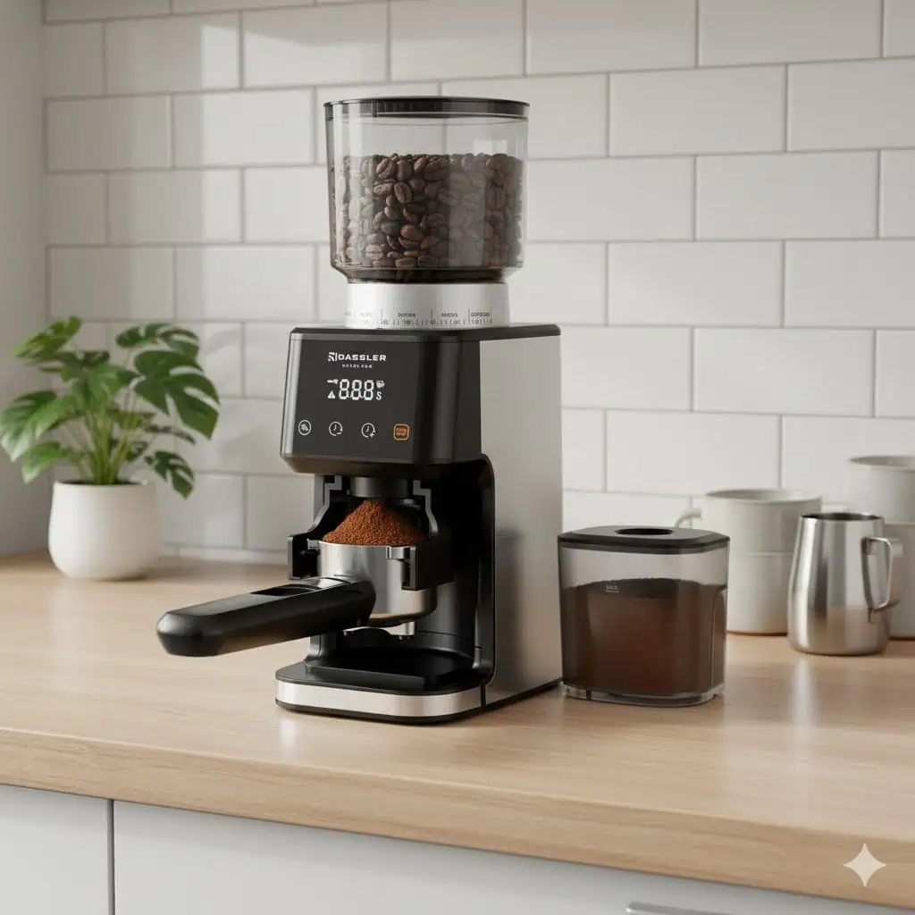آسیاب قهوه داسلر MYLOS Pro روی کابینت آشپزخانه، در حال آسیاب کردن مستقیم قهوه داخل پرتافیلتر - مناسب برای استفاده خانگی و حرفه‌ای.