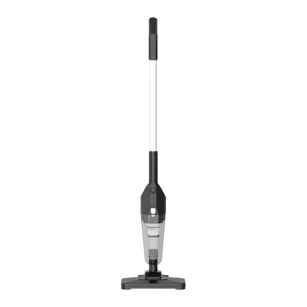 جاروبرقی ایستاده داسلر Dassler Morgan Two از نمای روبرو، دارای دسته عصایی سیلور و مشکی، و بدنه دو در یک، با پس‌زمینه سفید.