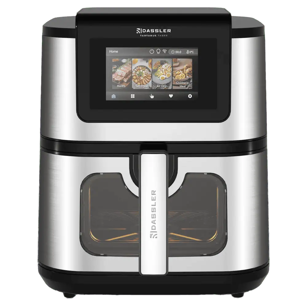 نمای روبروی سرخ کن بدون روغن داسلر Tartarus Three با درب شفاف و نمایشگر لمسی TFT