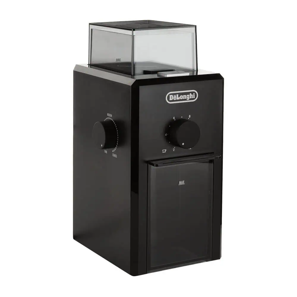 آسیاب قهوه دلونگی مدل KG79 با بدنه مشکی و طراحی مینیمال از زاویه جانبی