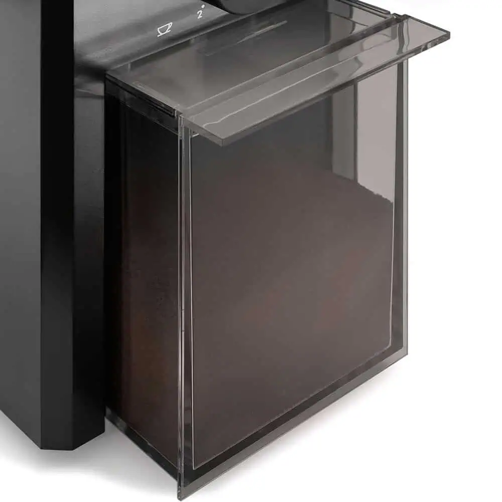 نمای نزدیک از مخزن پودر قهوه در آسیاب دلونگی KG79 با طراحی شفاف