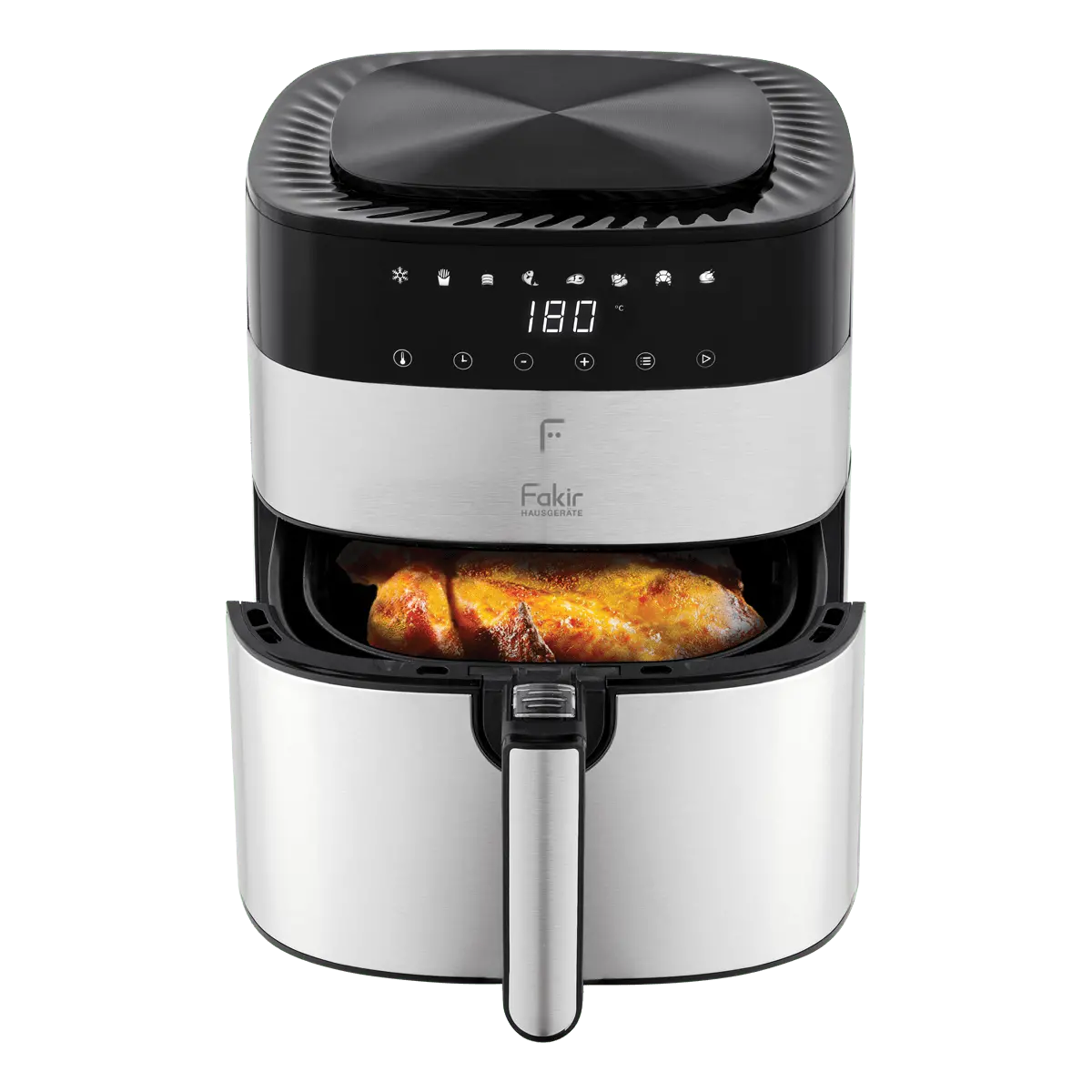 نمای روبرو از سرخ‌کن Fakir Chefry Uno در حال پخت مرغ با دمای 180 درجه