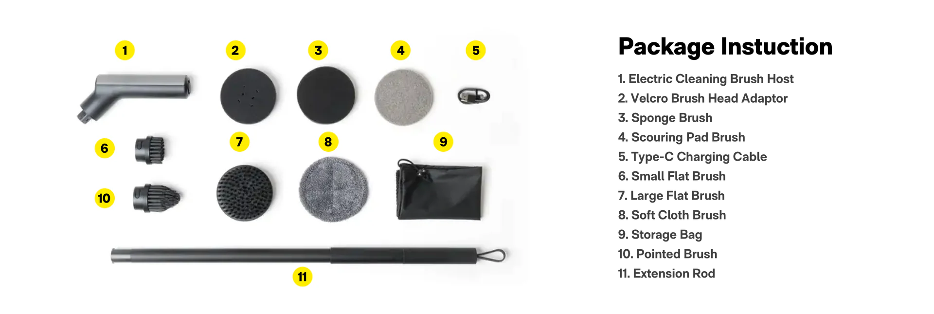 اقلام داخل جعبه اسکرابر و سطحشوی شارژی هوتو HOTO QWQJS001 شامل سریها، پدها، کیف و دسته تلسکوپی