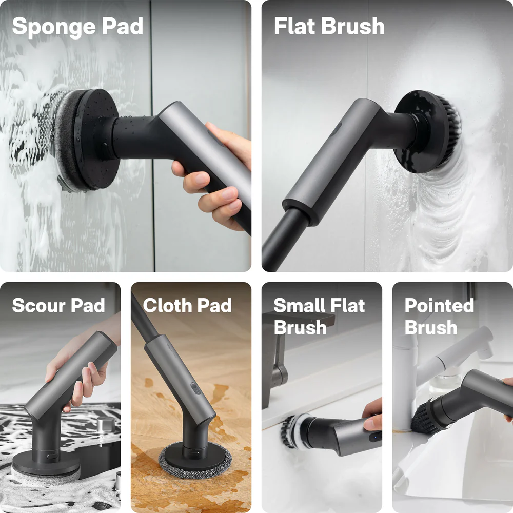 سریهای مختلف اسکرابر شارژی هوتو HOTO QWQJS001 شامل پد اسفنجی، برس تخت، پد اسکور، پد پارچهای، برس تخت کوچک و برس نوکدار