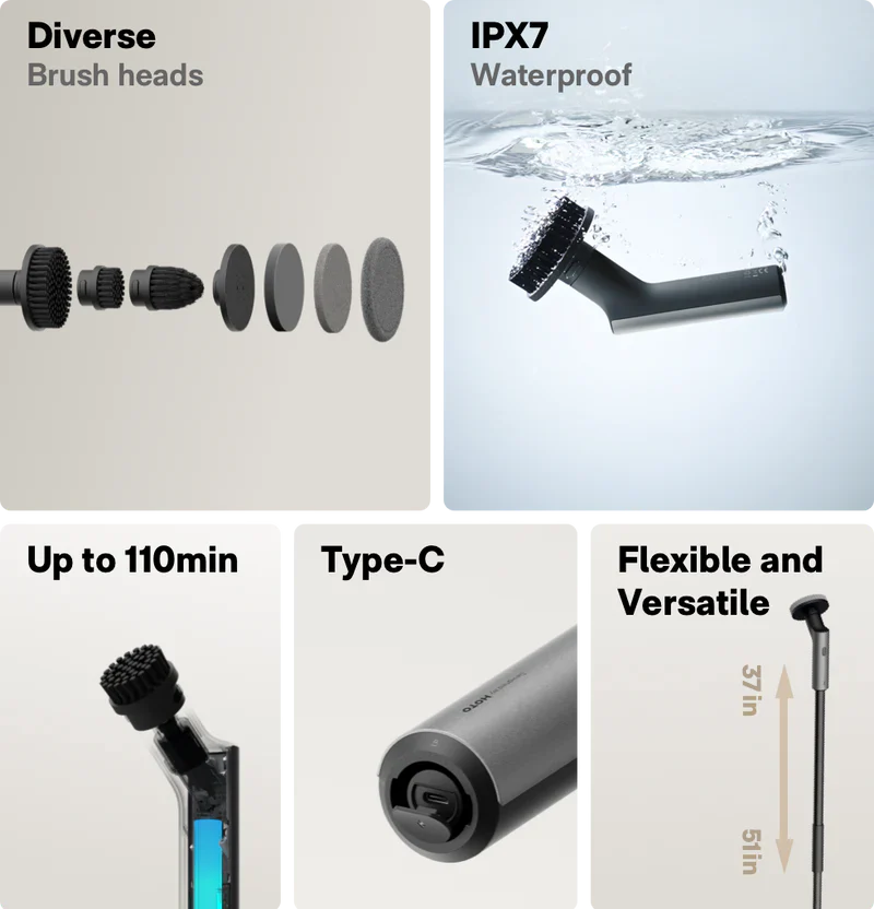نمایش سریهای مختلف اسکرابر هوتو HOTO QWQJS001، ضدآب IPX7، شارژ Type-C و کارکرد تا 110 دقیقه