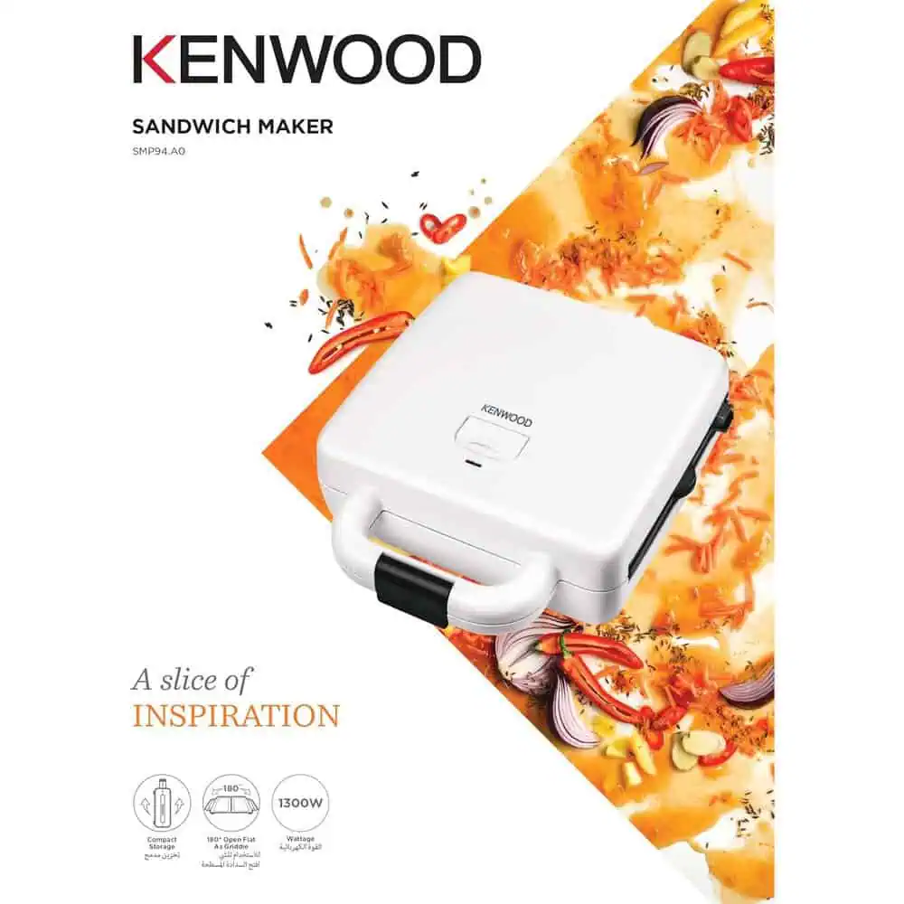 پوستر معرفی ساندویچساز کنوود SMP94.A0 با پسزمینه نارنجی و لوگوی Kenwood