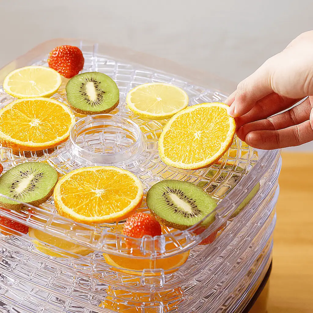 نحوه قرار دادن میوه‌هایی مانند پرتقال، کیوی و توت‌فرنگی بر روی سینی‌های شفاف دستگاه میوه خشک‌کن کولاکس