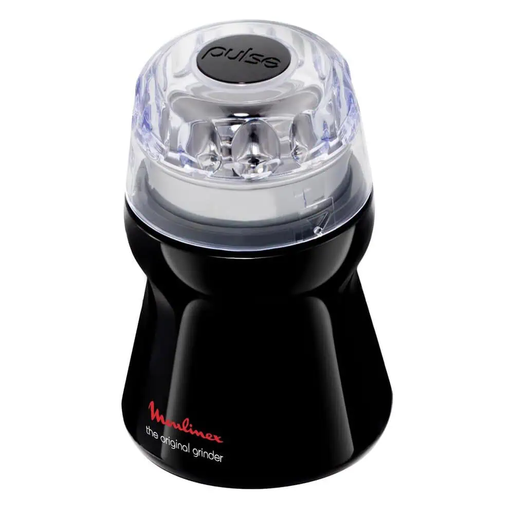 نمای زاویهدار آسیاب برقی مولینکس AR110830 مشکی با بدنه براق و درپوش شفاف