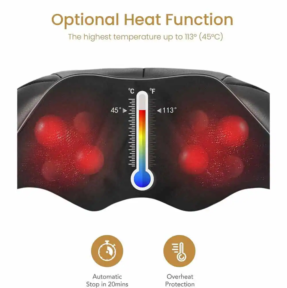 نمای قابلیت گرمایش قابل تنظیم در ماساژور Naipo MGS-150DC با توقف خودکار ۲۰ دقیقه و محافظت در برابر داغی