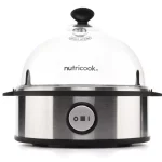 دستگاه تخم‌مرغ‌پز برقی نوتریکوک (Nutricook) با درب گنبدی شفاف و دکمه روشن/خاموش در جلوی بدنه استیل.