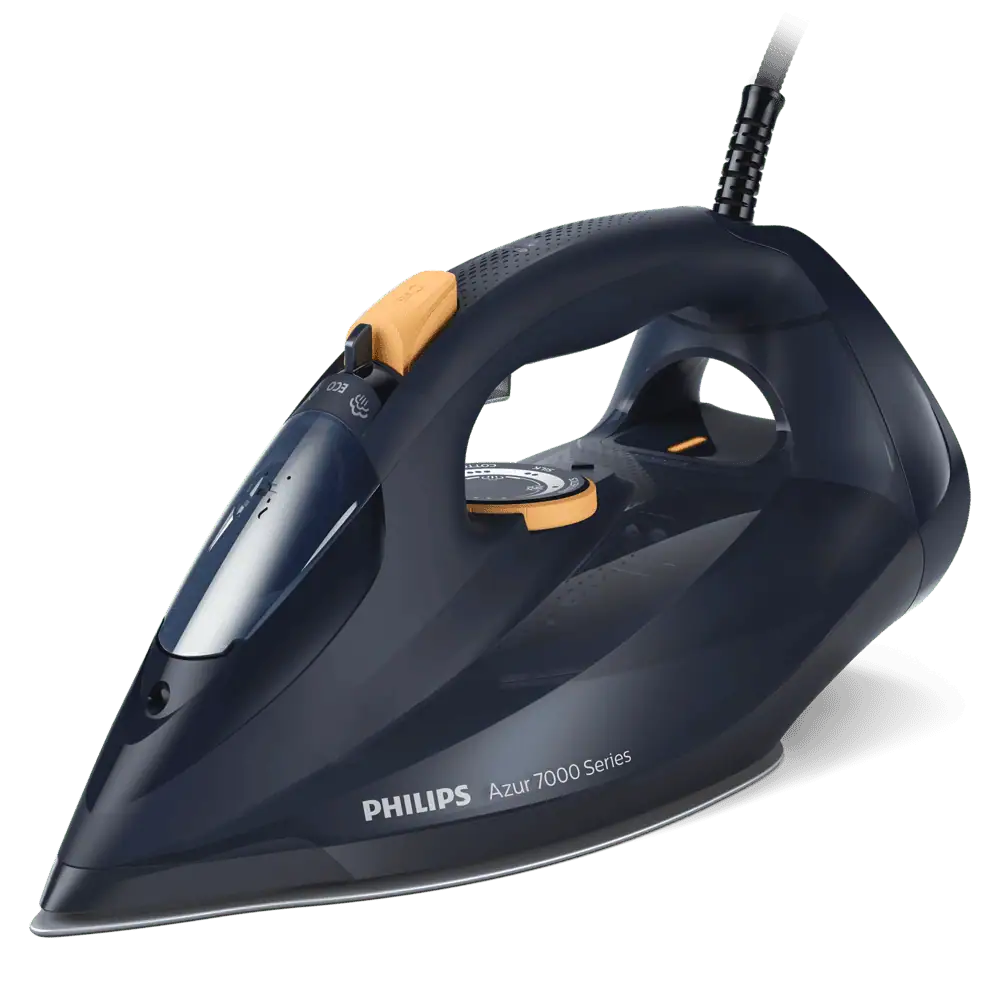 تصویر اتو بخار فیلیپس مدل PHILIPS HD7060 از نمای جانبی با طراحی آبی و زرد