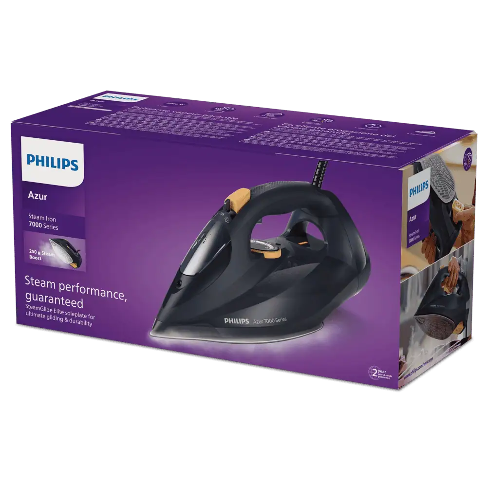 جعبه و بستهبندی اتو بخار فیلیپس مدل PHILIPS HD7060 از سری Azur 7000 با رنگ بنفش و طراحی مدرن