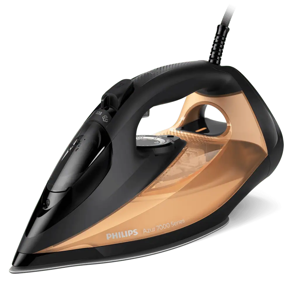 اتو بخار فیلیپس مدل DST7040 مشکی طلایی از زاویه جانبی با طراحی شیک و کفی SteamGlide Elite