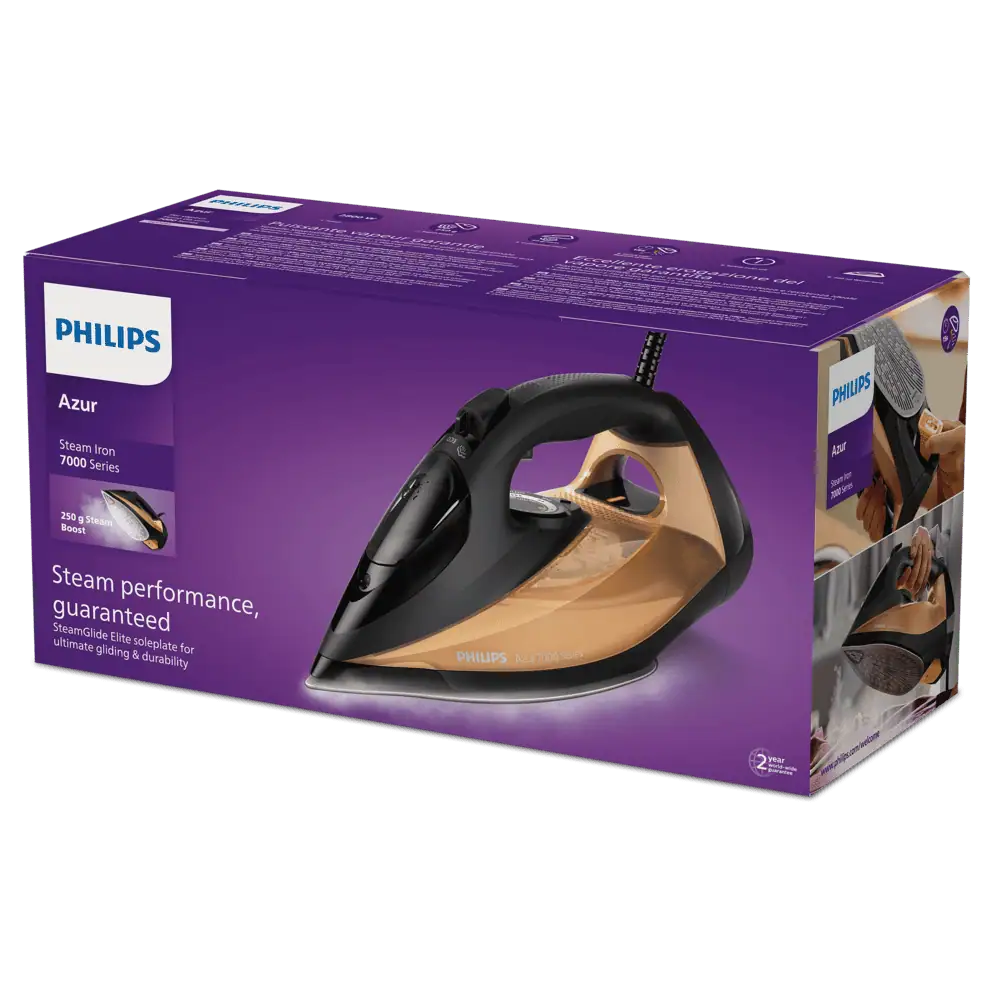 جعبه اتو بخار فیلیپس DST7040 سری 7000 با طراحی بنفش و تصویر محصول روی بستهبندی