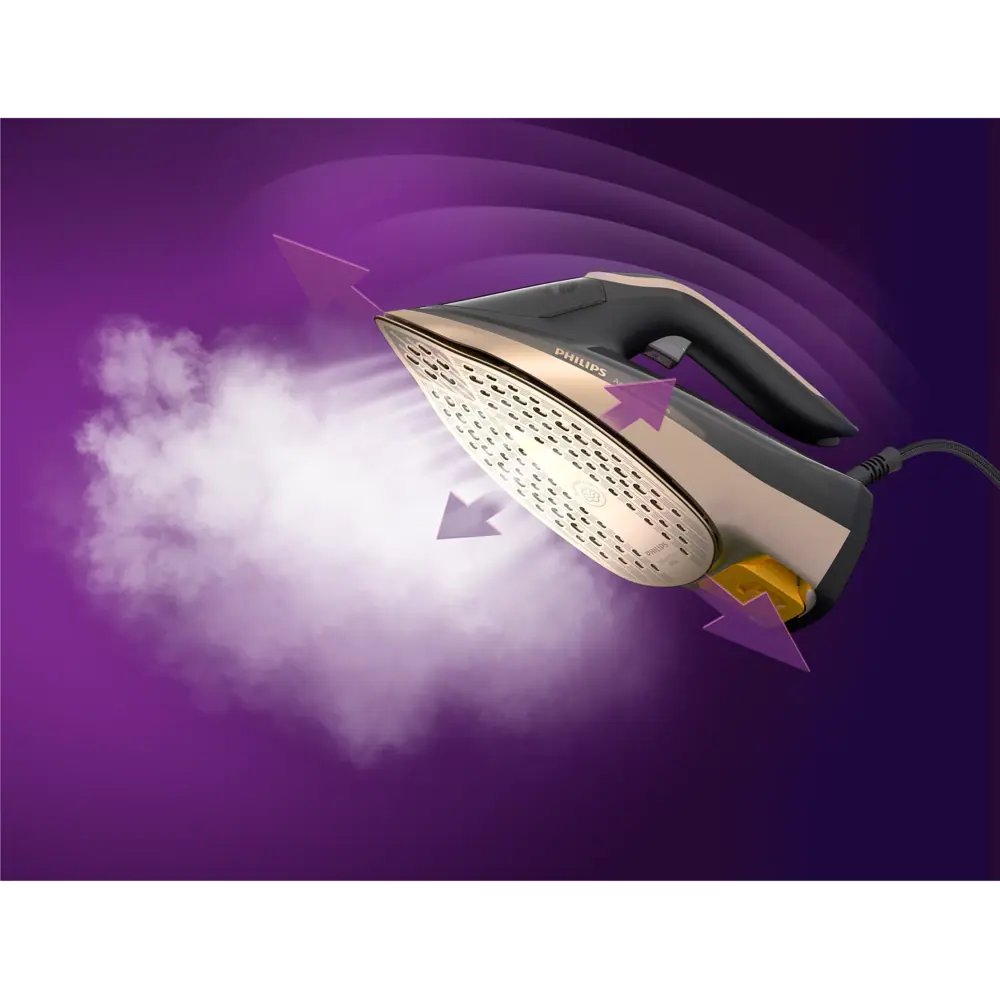 پخش بخار چندجهته و پرقدرت اتو بخار هوشمند فیلیپس مدل DST8041 روی پس‌زمینه‌ی بنفش