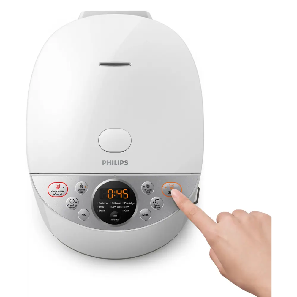 فشار دادن دکمه استارت روی پلوپز و مولتی کوکر فیلیپس Philips HD4515