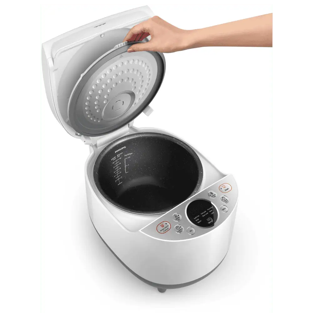 باز شدن درب پلوپز Philips HD4515 و نمایش دیگ داخلی با پوشش سنگمعدنی