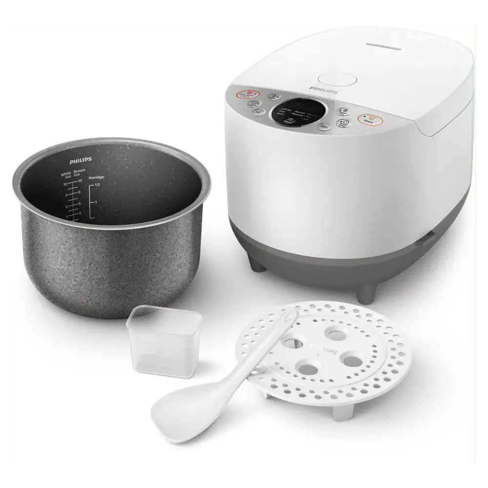 محتویات جعبه پلوپز و مولتیکوکر فیلیپس Philips HD4515 شامل دیگ، پیمانه، کفگیر و سینی بخارپز