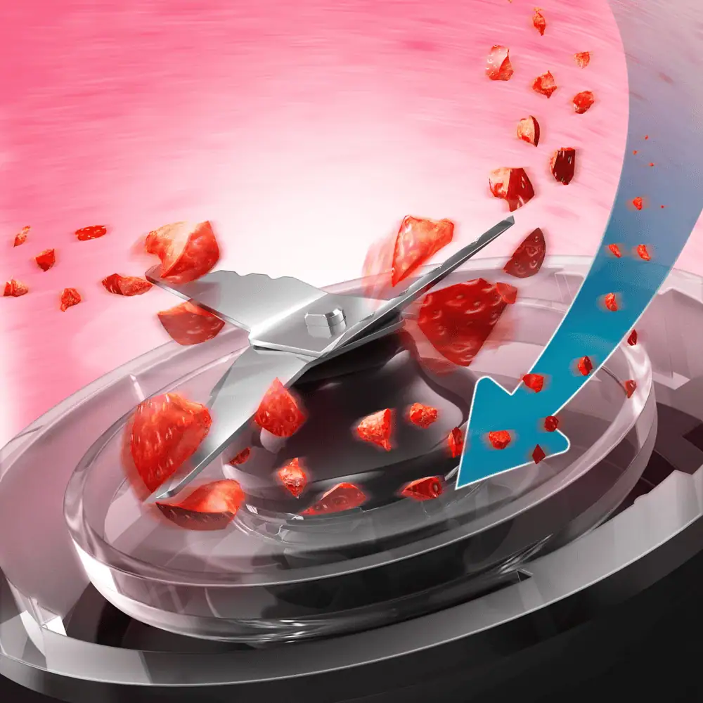 تیغه چهارگانه فولادی ProBlend 4 در مخلوط کن Philips HR2141 در حال خرد کردن قطعات میوه