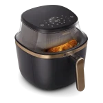 سرخ کن بدون روغن فیلیپس مدل Philips NA332 با طراحی مشکی طلایی و فناوری RapidAir Plus در حال پخت مرغ بریان