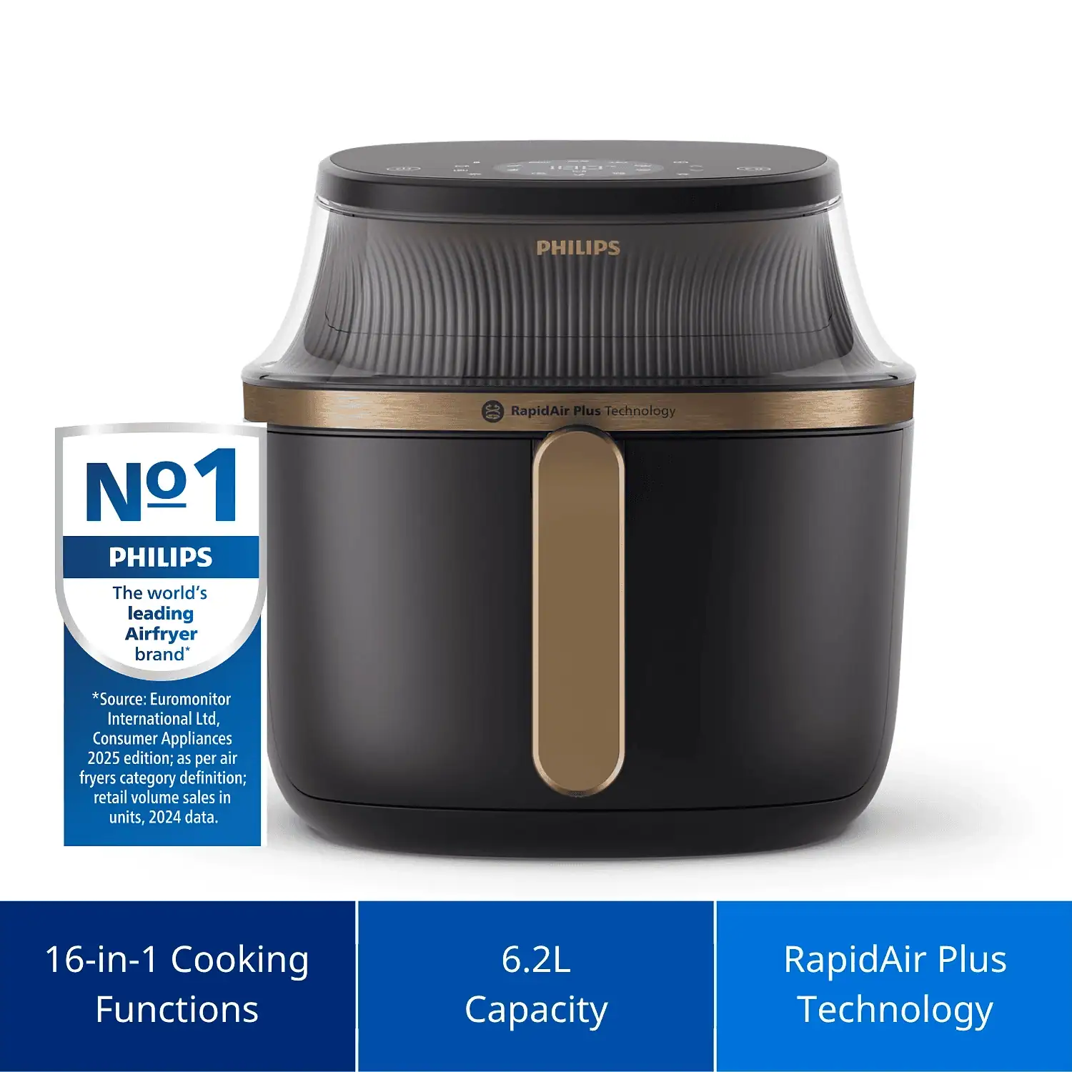 تصویر تبلیغاتی فیلیپس NA332 با اشاره به ظرفیت 6.2 لیتری و فناوری RapidAir Plus