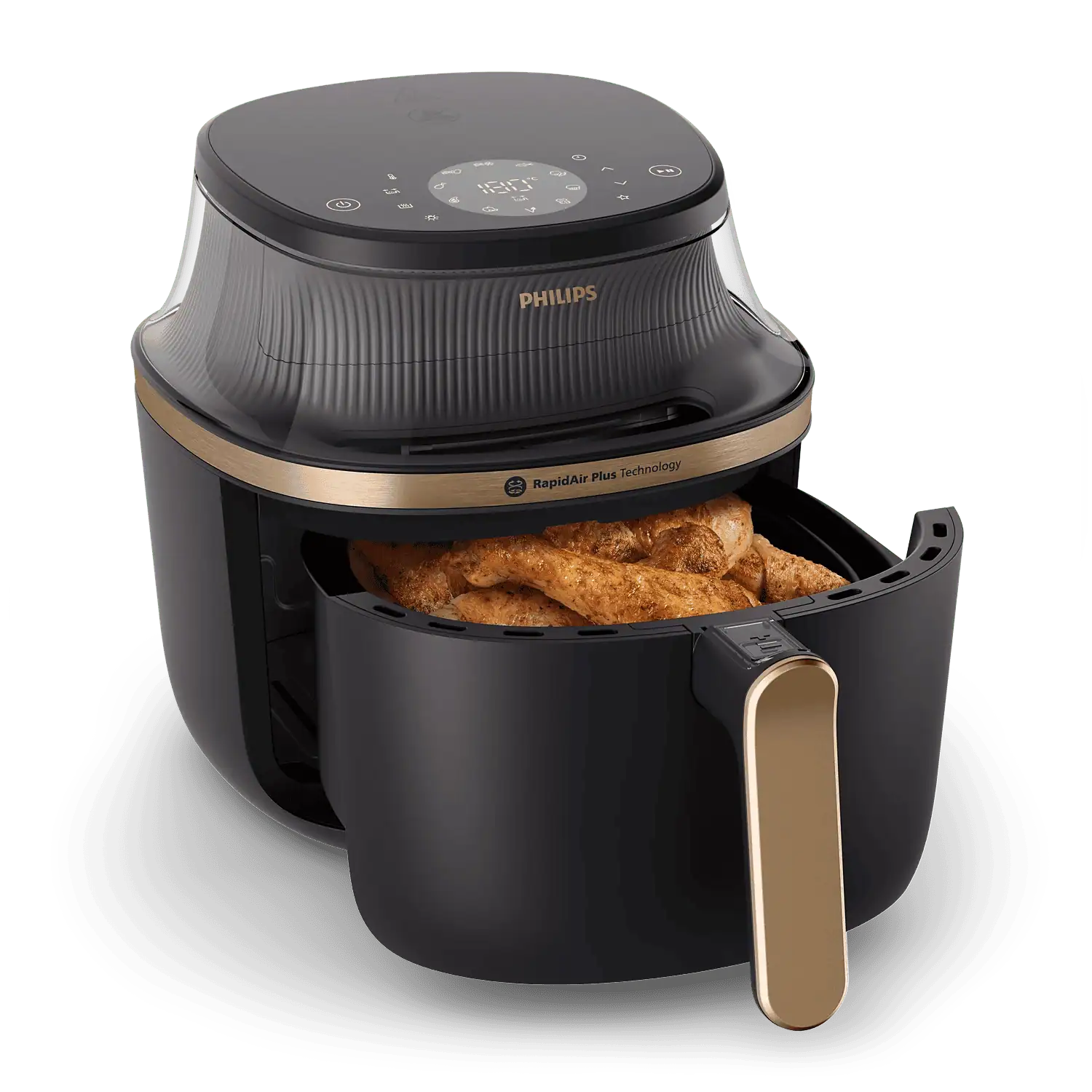 ایر فرایر فیلیپس NA332 در حال پخت مرغ با سبد باز و طراحی طلایی دسته