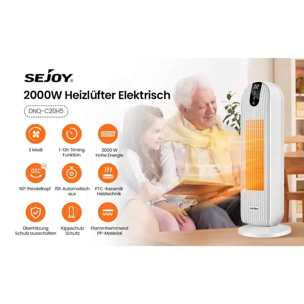 بخاری و فن برقی سیجوی مدل SEJOY DNQ-C20H5 با توان ۲۰۰۰ وات، قابلیت چرخش ۹۰ درجه، تایمر ۱ تا ۱۲ ساعته و سیستمهای ایمنی کامل، در کنار نمایش کاربرد دستگاه برای گرمکردن محیط خانواده.