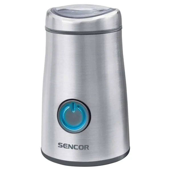 آسیاب برقی سنکور مدل SCG 3050SS با بدنه استیل ضدزنگ و دکمه روشن آبی‌رنگ