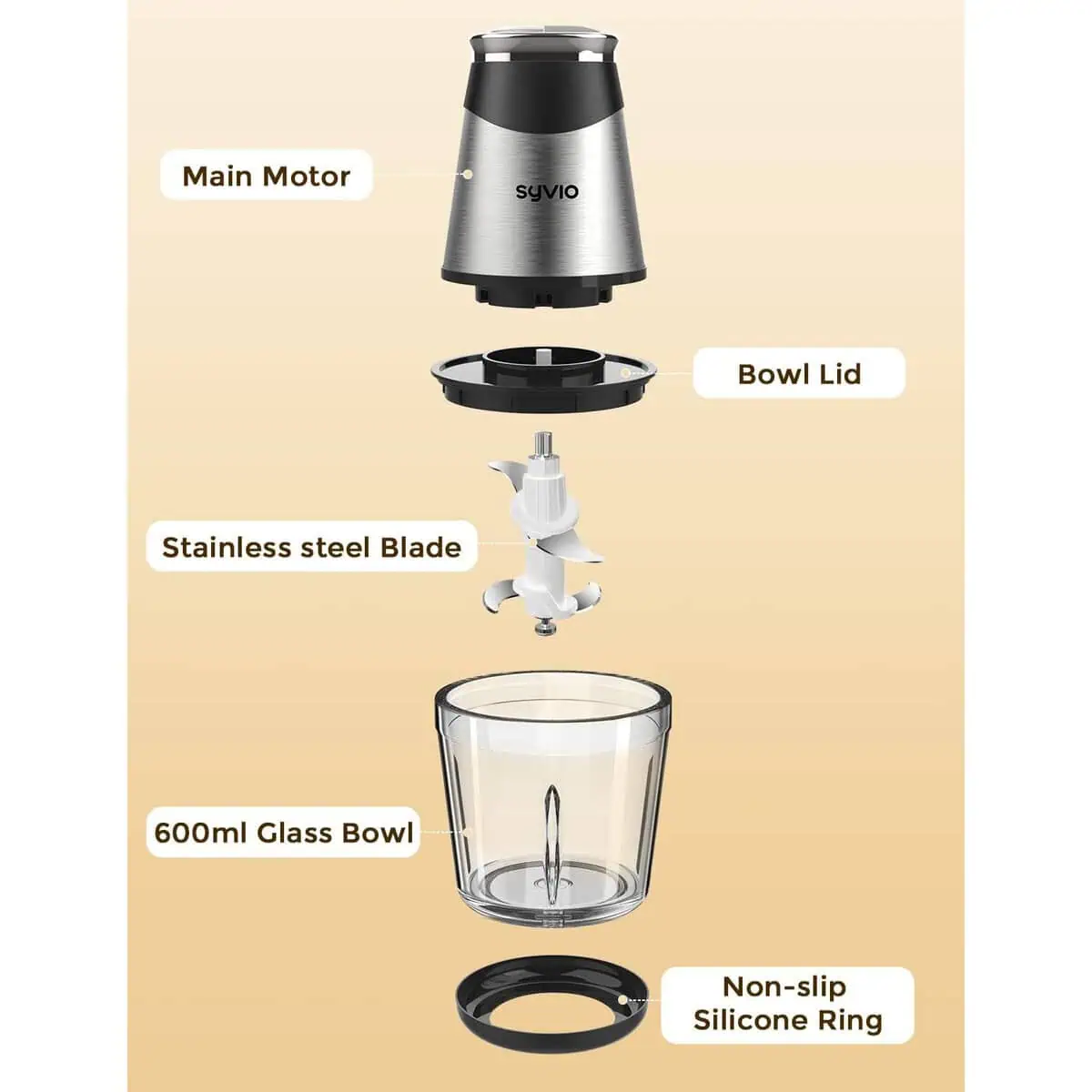 اجزای کامل خردکن Syvio BM-217A شامل موتور، تیغه و کاسه شیشهای