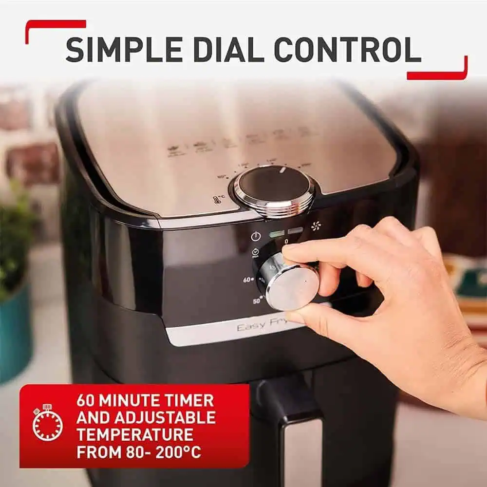 تنظیم ساده زمان و دما در سرخکن بدون روغن و گریل ۴.۱ لیتری تفال Tefal EY501 با تایمر ۶۰ دقیقهای و کنترل دمای ۸۰ تا ۲۰۰ درجه سانتیگراد