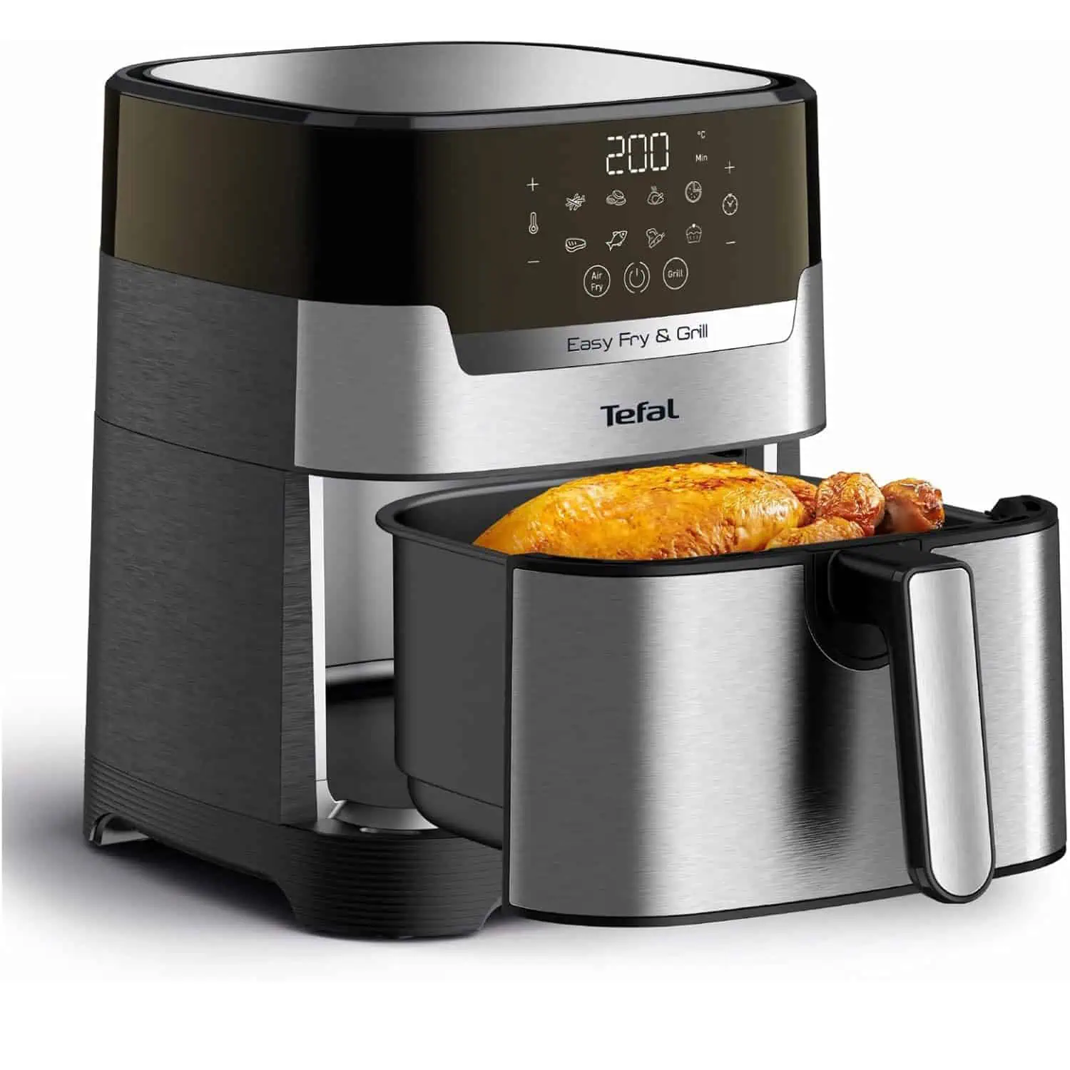 سرخکن و گریل دیجیتال تفال Tefal EY505 در حال پخت مرغ بریان با سبد استیل بزرگ