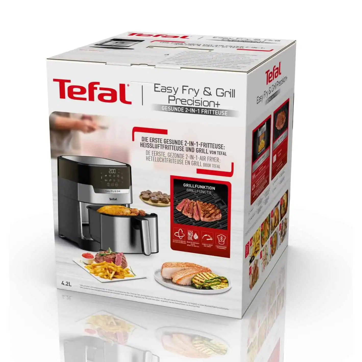 جعبه بستهبندی سرخکن بدون روغن و گریل تفال Easy Fry & Grill Precision Plus EY505 با تصاویر محصول و مشخصات