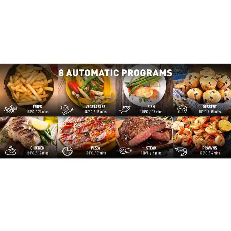هشت برنامه پخت خودکار سرخ کن تفال Tefal EY855 شامل سیب‌زمینی، سبزیجات، ماهی، دسر، مرغ، پیتزا، استیک و میگو