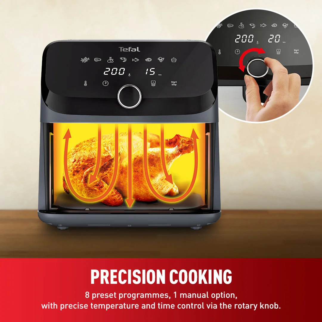 نمای عملکرد گردش هوای گرم سرخ کن تفال Tefal EY855 با تصویر مرغ بریان داخل دستگاه